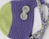 Earflap Hat Beanie with Braids and Bow Size 17"  Lavender and Green Ready to Ship Direct Checkout