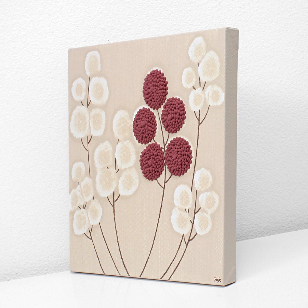 Original Painting of Flowers - Khaki and Red Textured Acrylic Wildflowers - Small Canvas Art 10X10 - MADE TO ORDER