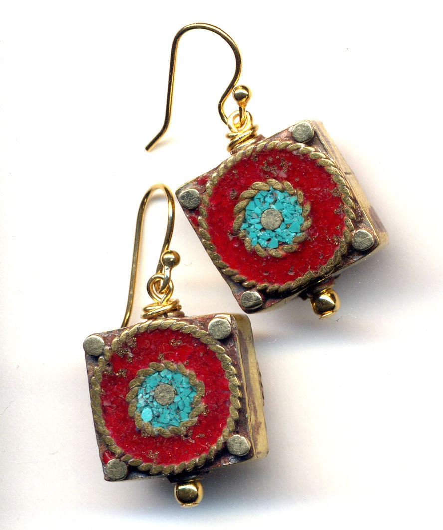 Nepal Earrings -Buddhas Eye Earrings ,  Coral and Turquoise Tibet Earrings, 18 K Gold Filled  wire - Nepal Jewelry by AnnaArt72