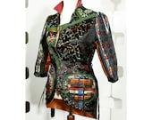 LAST call SALE Black Jacket handmade Wearable art Satin coat Indie fashion colorful