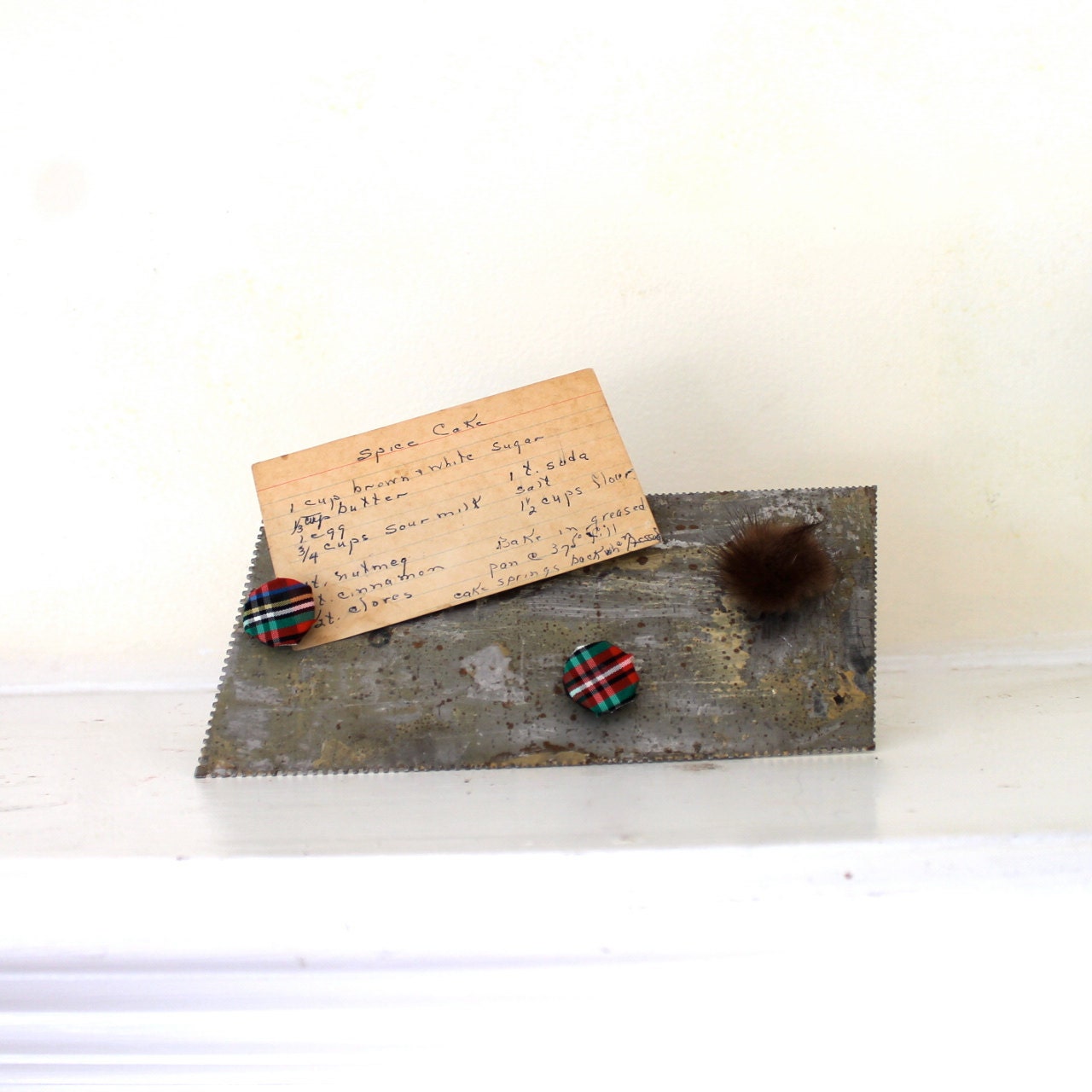Magnetic recipe card holder for your counter with three magnets upcycled vintage trowel with plaid and fur
