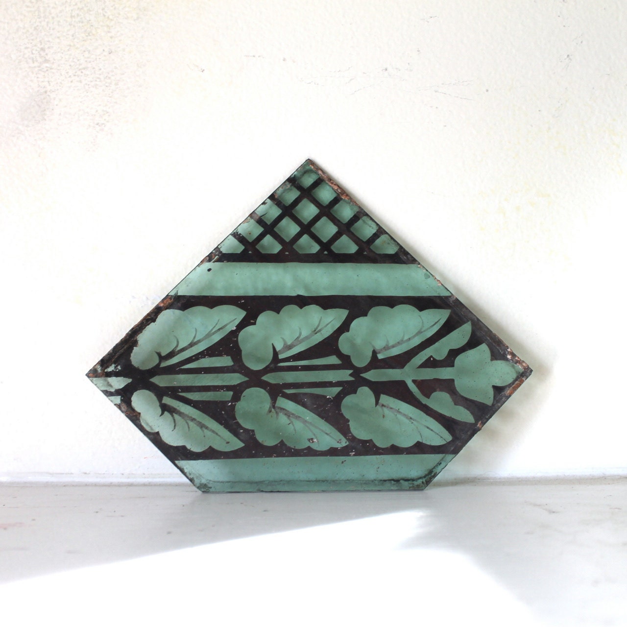 Anitque stained glass fragment 1900 - 1920's handpainted blue / green glass from chapel in Chicago
