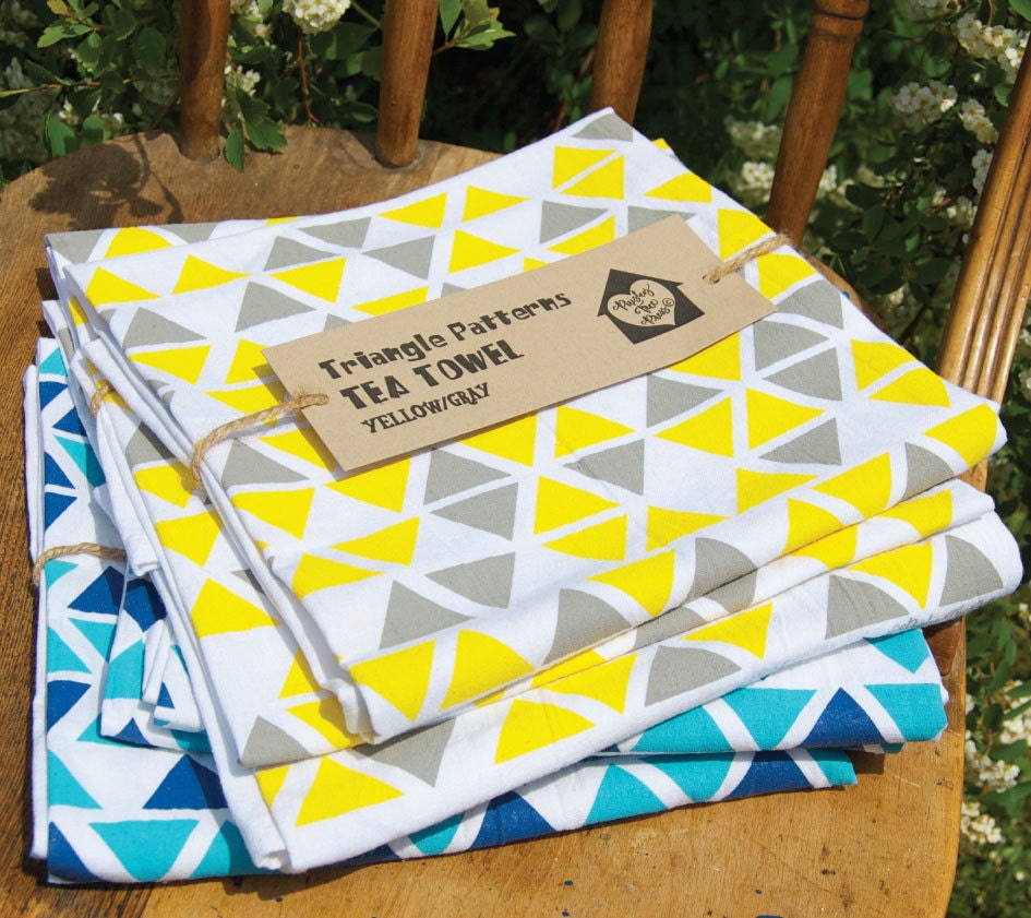 Triangle Patterns, Gray and Yellow, Flour Sack Tea Towel, Screenprinted