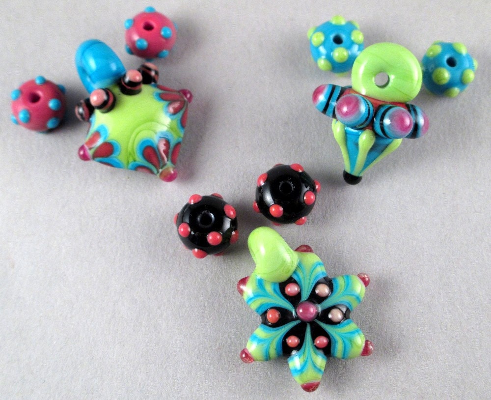 Set of 9 Handmade Lampwork Art Glass Beads by Patti Cahill, sra -- Charms and mini's, Funky color scheme