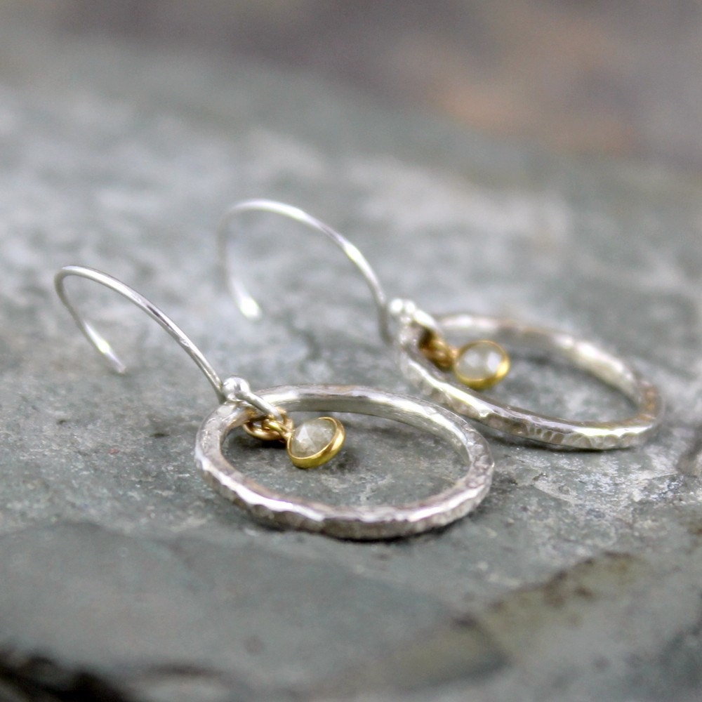 Rose Cut Diamond Earrings - Sterling Silver and 10K Yellow Gold Drop Style - Dangle Earring - Rustic  - April Birthstone - Wedding Jewellery