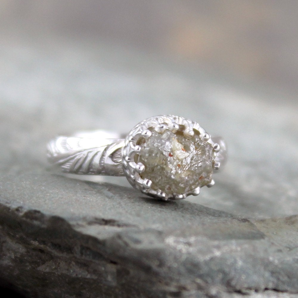 Diamond In The Rough Uncut Diamond Engagement Ring  - Deco Band and Crown Bezel - Raw Diamond - April Birthstone - Conflict Free Diamond