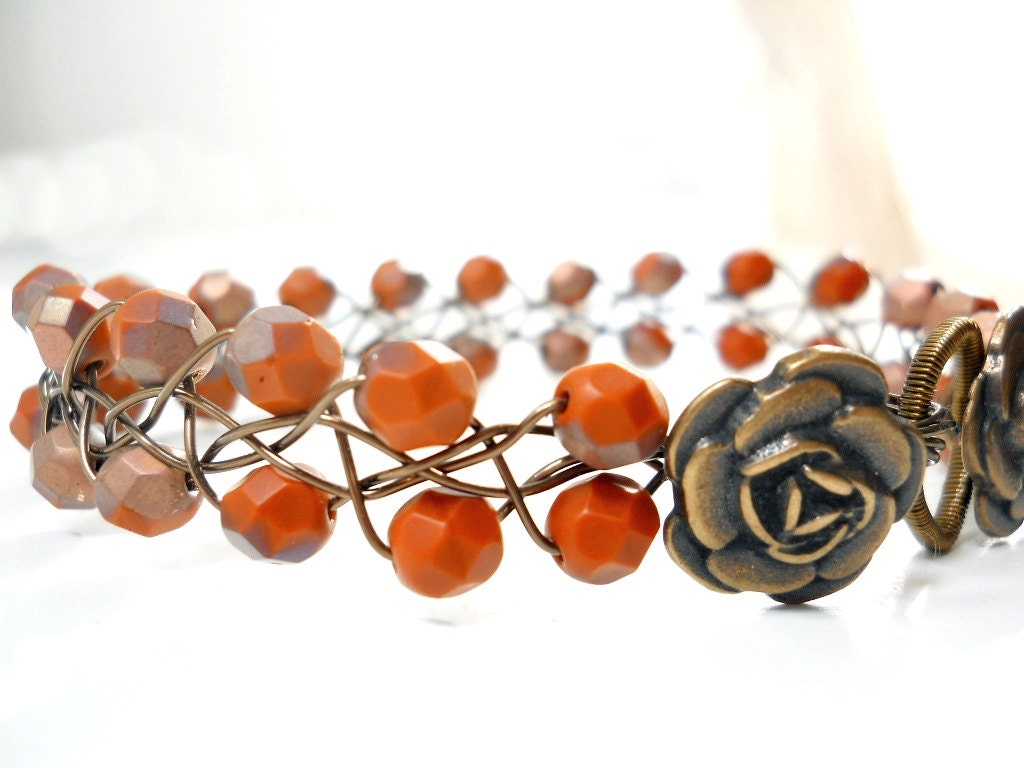 Beaded Wire Bracelet, Caramel Czech Glass Antiqued Brass Floral Button Braided Bracelet, Jewelry