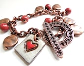 Copper and Ceramic Heart Charm Bracelet, Elaine Ray Red Ceramic Beads and Pendant, Rustic Charm, Textured Copper, Boho Fashion