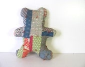 Vintage child's stuffed Teddy Bear Pillow // patchwork quilt and feedsack material