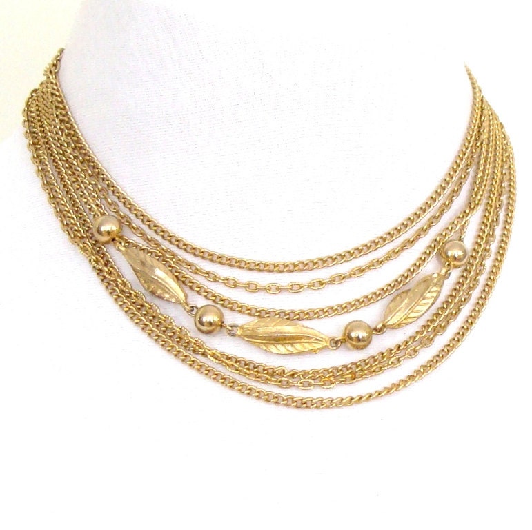 Vintage 1960's Gold Multi Strand  Choker Necklace with Rose Clasp
