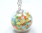 Bubble Collection - Flowers Spring Multi Color Glitter Filled Pendant Clear Hand Blown Glass Silver Necklace