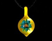 Amazing Sparkly Blue Lily Over Bright Creamy Pale Yellow, Bella Glass Slide Pendant