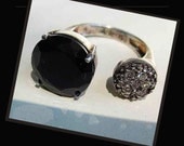 Space Age Sparkles--Unique Design,Modernist Sterling Faceted Black Clear Stones  Ring,Vintage Jewelry Women