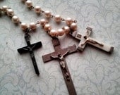 Antique Crucifix Pearl Necklace Catholic Rosary Upcycle, Trinity, FREE SHIPPING by Maddie Lisee