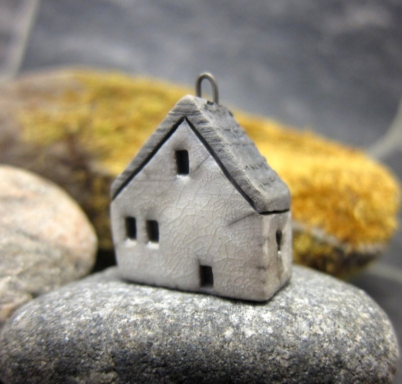White...Saggar Fired Rustic House Pendant / Ornament