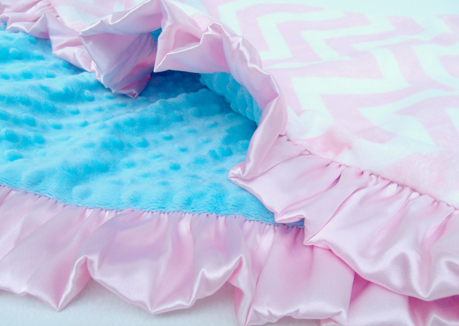 Pink Chevron with Aqua Minky Dot Baby Blanket, larger sizes available