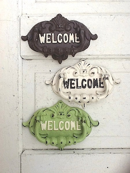 Welcome Door Knocker, Cast Iron, Shabby Chic and Distressed, New Home, Wedding Gift, Shabby White, Victorian, Green Decor, Taupe Brown