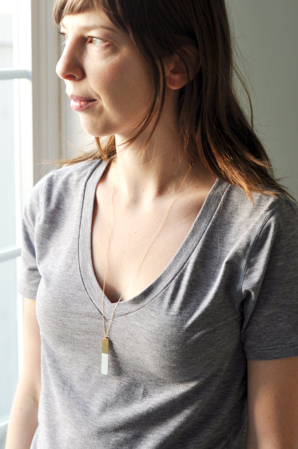 Long gold necklace - gold bar necklace - geometric jewelry - minimalist necklace - layering necklace - seafoam dipped necklace