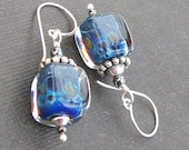 handmade lampwork bead earrings  encased bright blue speckled cubed beads-  brillilance