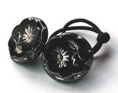 Vintage Button Ponytail Holder Hair Accessory - Wildflower Motif, Black and Silver Vintage Glass Buttons