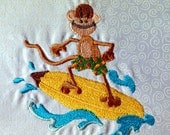 Surfing Monkey - Machine Embroidered quilt block - ready to sew or frame 8 1/4 in. x 9 in