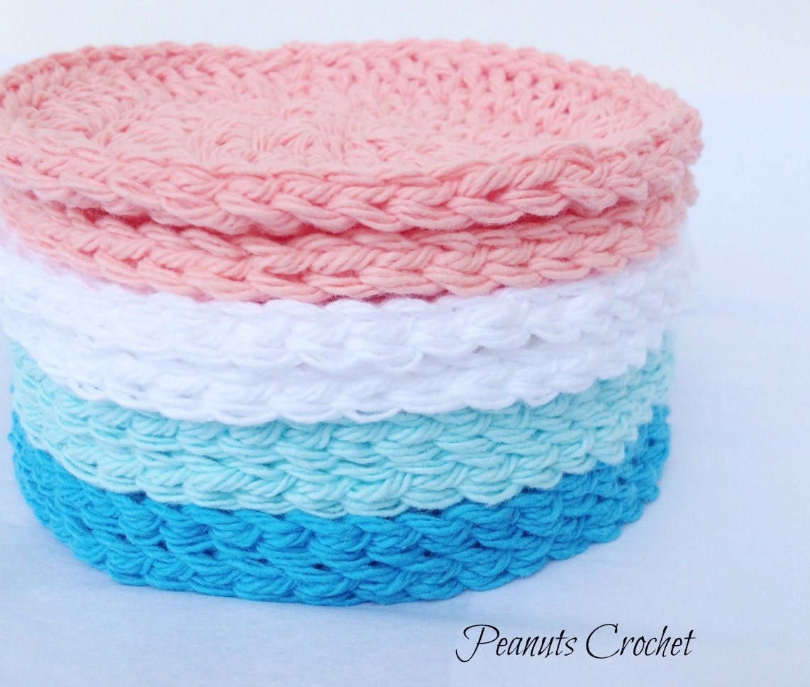 Face Scrubbies Makeup Remover Pads Crochet Washcloths Turquoise, Aqua, Peach, White Set of 8