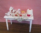 Strawberry Tea Time, table, dressed..   Twelfh scale dollhouse miniature