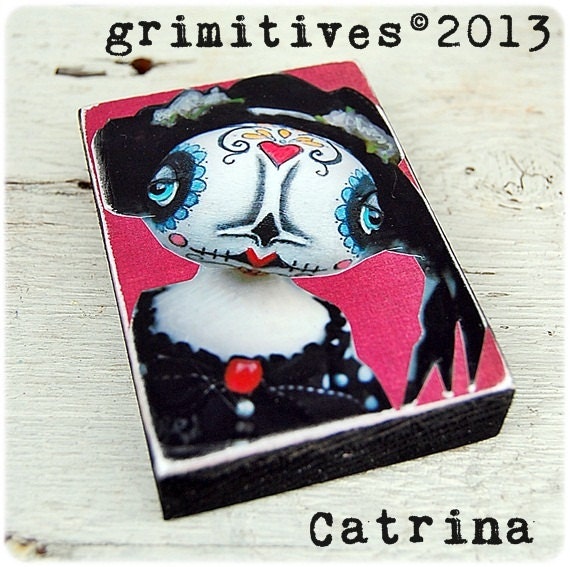 CATRINA - ACEO Mini Original Art Doll Print Mounted on Wood Block by GRIMITIVES