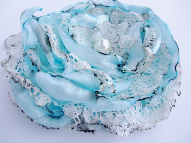 Wedding Hair Flower, Tea Stained Baby Blue Flower Accessory, Maternity Sash