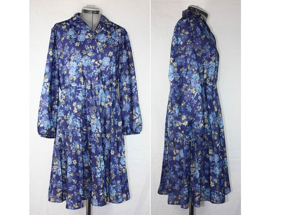 Vintage Dress, Anthony Richards Navy Blue with Flowers, 1970's