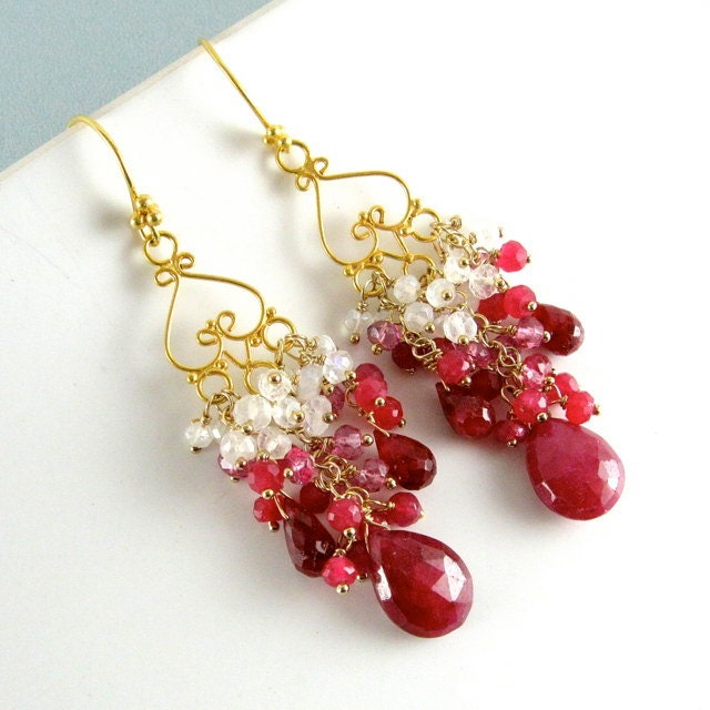 Ruby, Topaz and Moonstone Gold Filled Chandelier Earrings
