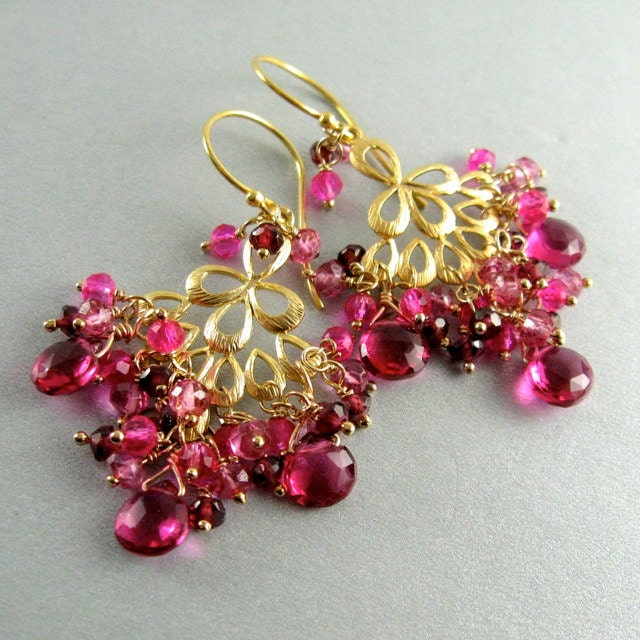 Pink  Chandelier Gold Earrings