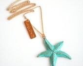 Long Gold Necklace Turquoise Starfish Pendant Eternity Matte Gold Tag Friendship   Necklace Boho Chic