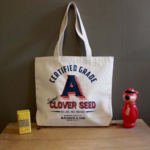 Spring Sale 25 % Off Screen printed canvas tote bag - Clover Seed sack - Made in Brooklyn, NY