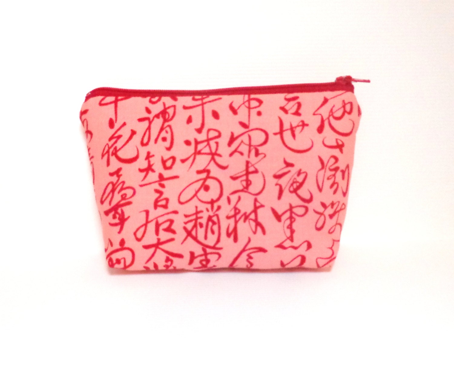 Medium Pouch Zipper Pouch Cosmetic Bag  Gadget Pouch - Dusty Rose and Red Kanji Asian Print