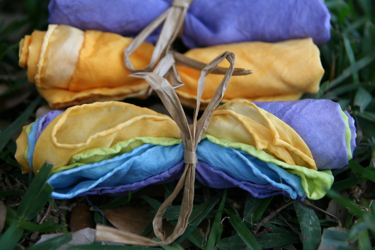 itsy bitsy silks - set of four 11x11 square play silks - hand-dyed - soft colors