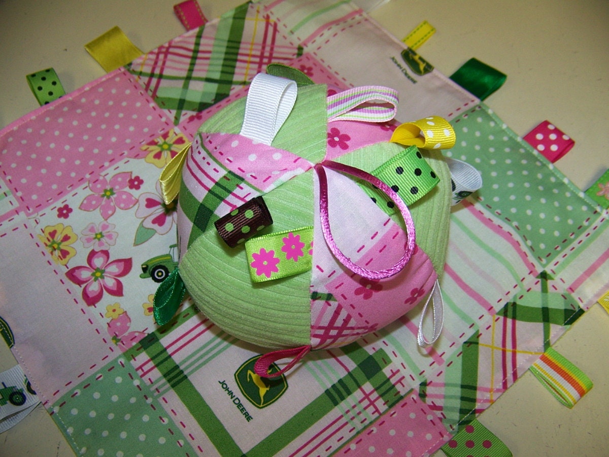 John Deere Baby Girl Taggie Ball and Blanket Handmade with Rattle 5" Dia.Pink. Yellow and Green SALE
