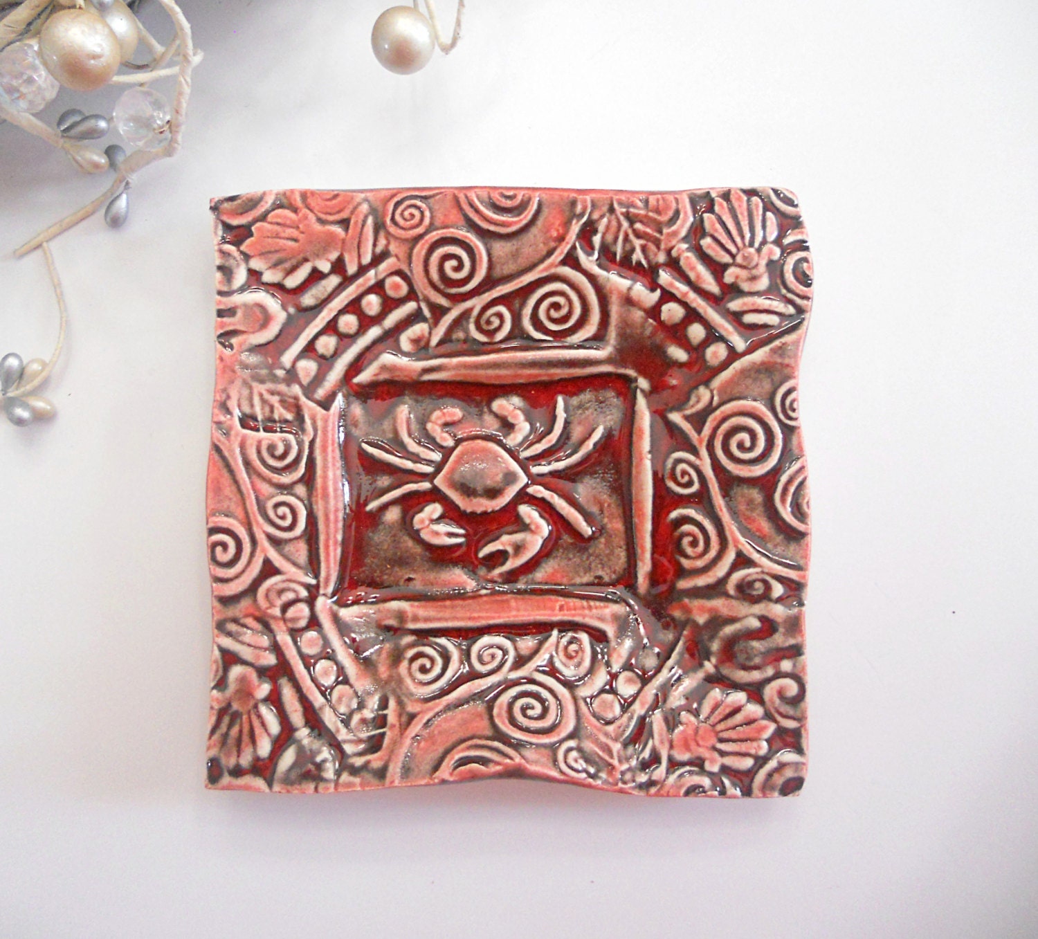 Crab Ceramic Dish Red Handmade Pottery