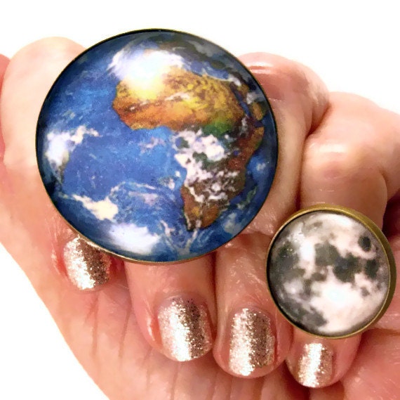 Mother's Day Earth and Moon Astronomy Antique Brass Glass Round Solar System Rings
