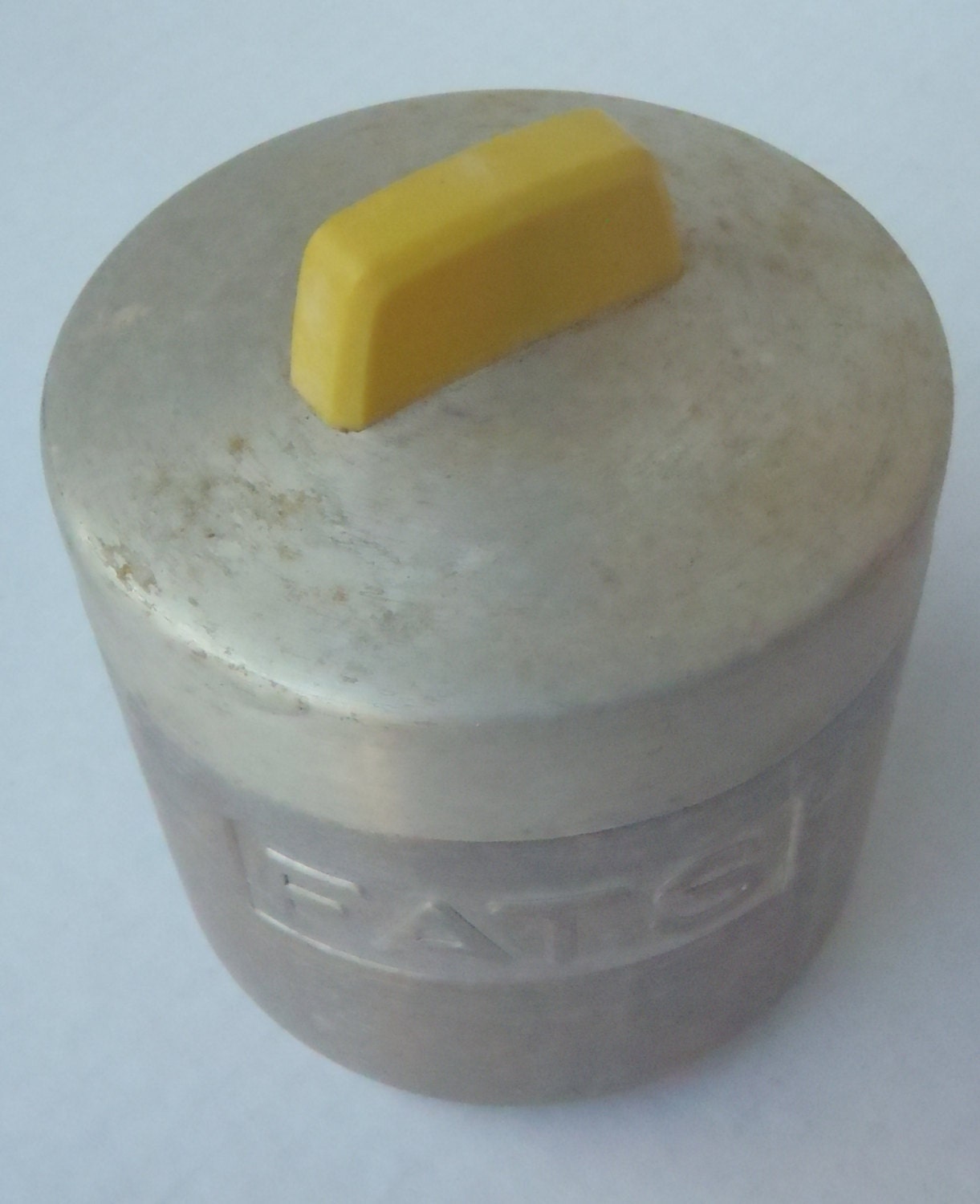Vintage Aluminum FATS Grease Tin Canister Yellow Handle