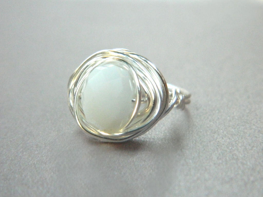 Wire Wrapped Ring - Size 6 - Opal White, Crystal, Bright, Cute, Lovely, Love, Romantic, Snow, Ice, Grey, Gray, October Stone, Jewelry Rings