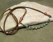 Turquoise Necklace - Leather Necklace - Southwest Jewelry - Native Necklace - Copper Choker - Wire Wrapped Jewelry