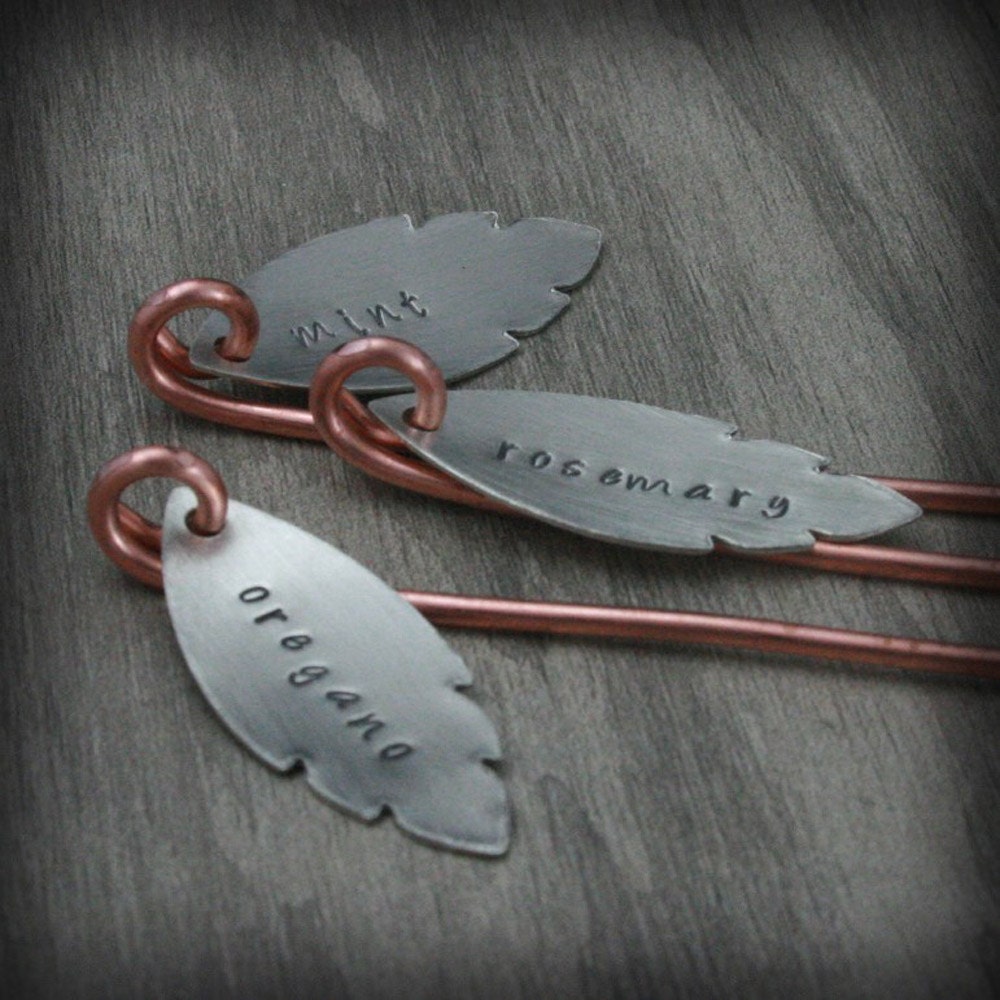 NEW--Unparalleled Silver Leaf Garden Markers--Modern Leaf Design in Nickel Silver on Copper--Custom Stamped--Set of 3