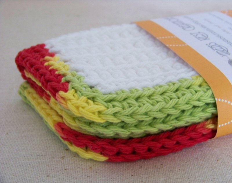 Dish cloths, Cotton - Red, Yellow Green Borders - Crocheted 3 Piece Set "Pass the Ketchup"
