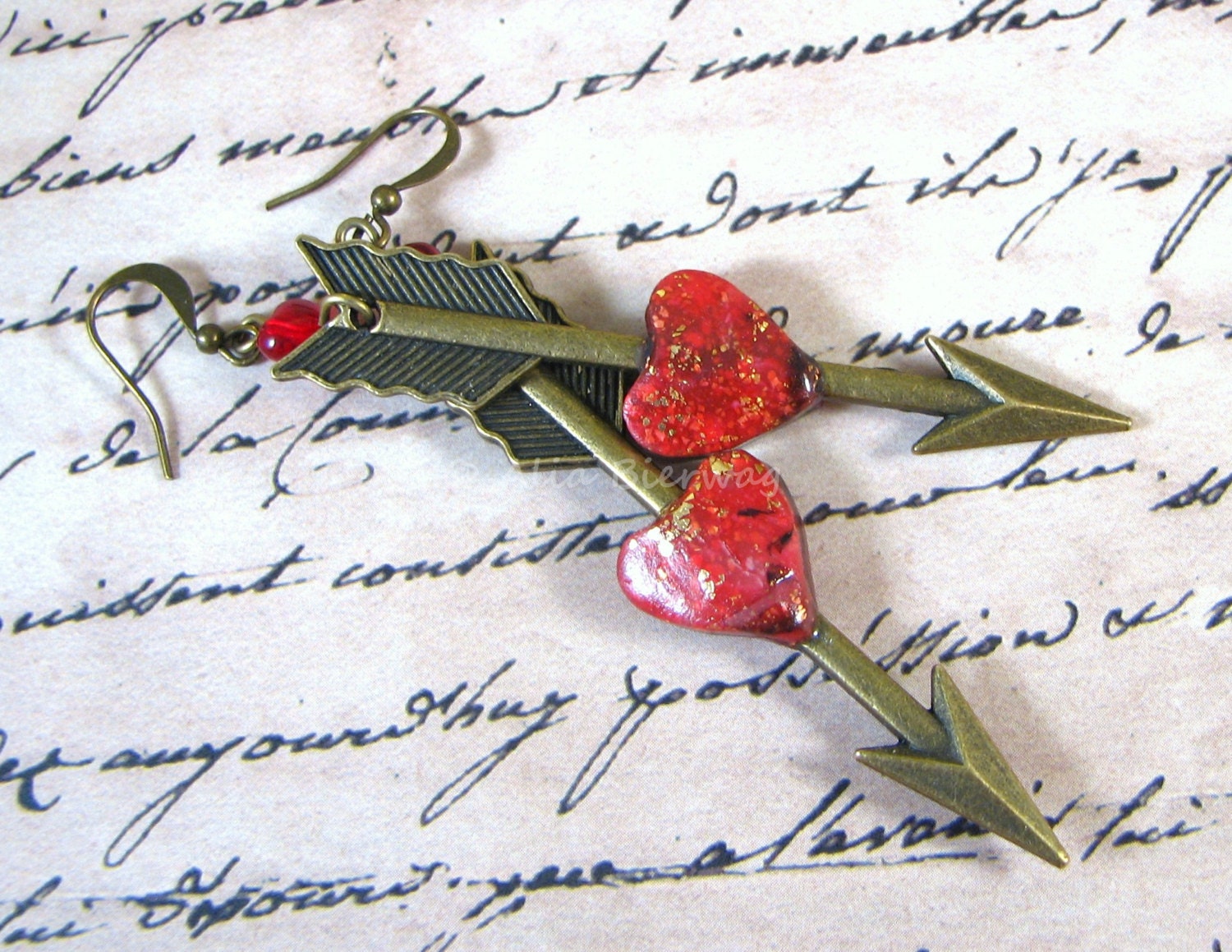 Lovestruck. Heart and arrow earrings. Polymer clay and antiqued brass. Rustic, romantic, red. Free US shipping.