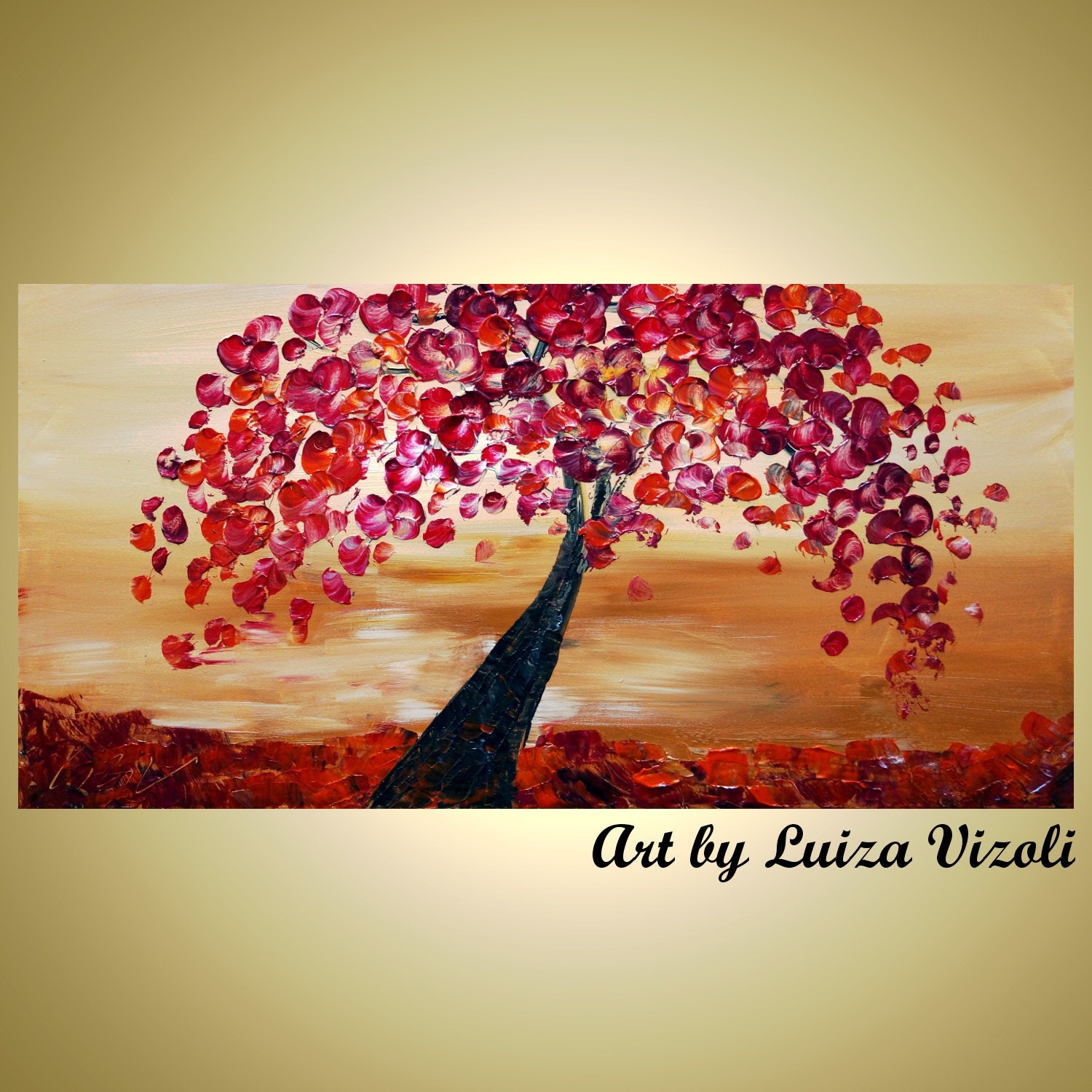 Original Oil Painting Red Blossom Caramel Sunset Impasto Modern Fine Art Large Canvas