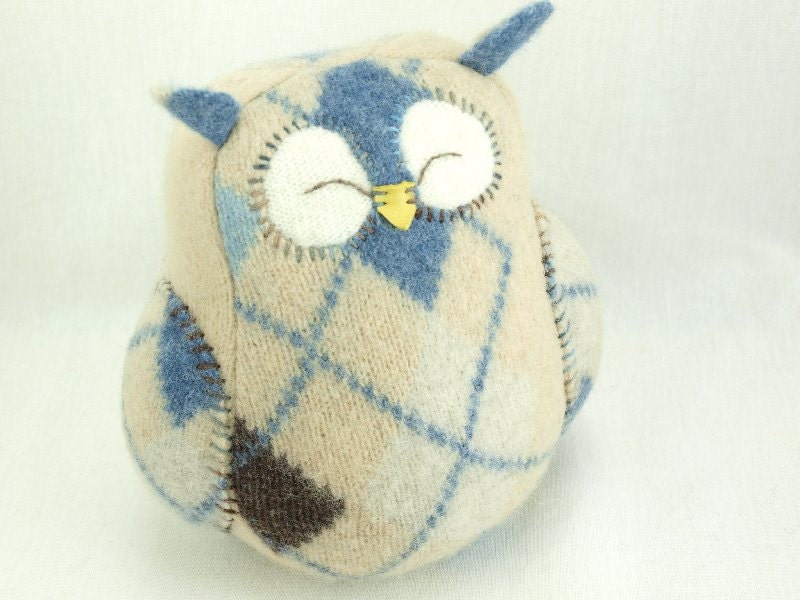 Owl Felted  Wool Recycled Home Decor Owl with Lamb Wool Stuffing Plaid Cream Blue and Dark Brown Eco Friendly  Ornament
