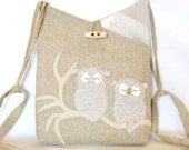 Owl Linen Shoulder Bag Linen Upcycled Tote Recycled Messenger Canvas Grey and White Applique Adjustable Leather Strap Upcycled Eco Friendly