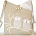 Owl Linen Shoulder Bag Linen Upcycled Tote Recycled Messenger Canvas Grey and White Applique Adjustable Leather Strap Upcycled Eco Friendly