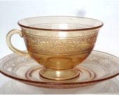 1930s Fostoria Glass Amber Royal Etched Cups and Saucers Tea or Coffee Set of 6
